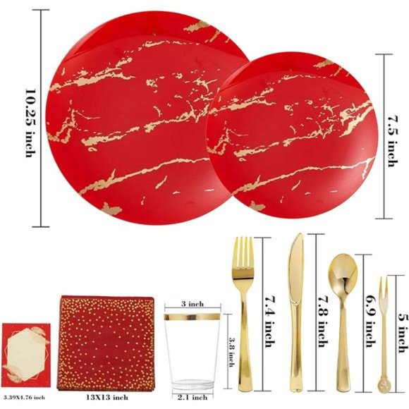 Red Gold Plastic Plates Set, Disposable Dinnerware Set Include 25 Dinner Plates - Picture 4 of 8